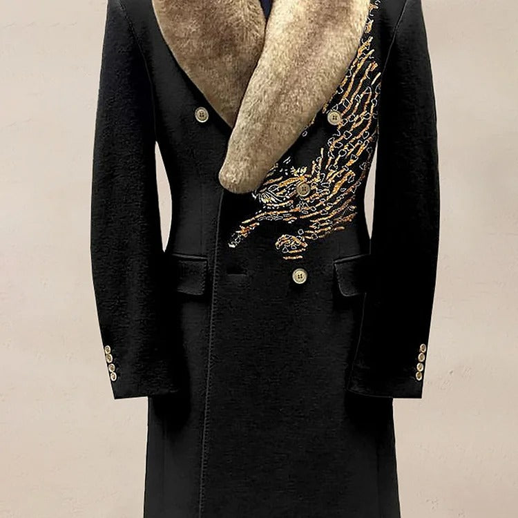Casual Contrast Binding Button Long Sleeve Windproof Fur Collar Overcoat