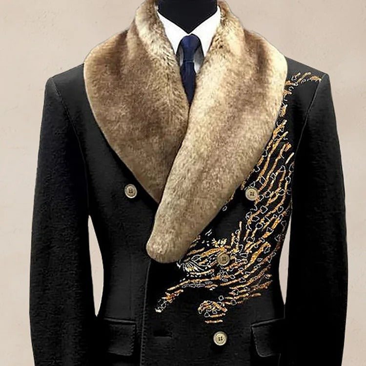 Casual Contrast Binding Button Long Sleeve Windproof Fur Collar Overcoat