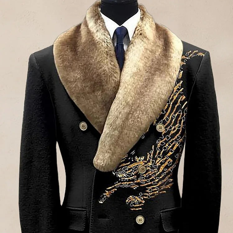 Casual Contrast Binding Button Long Sleeve Windproof Fur Collar Overcoat