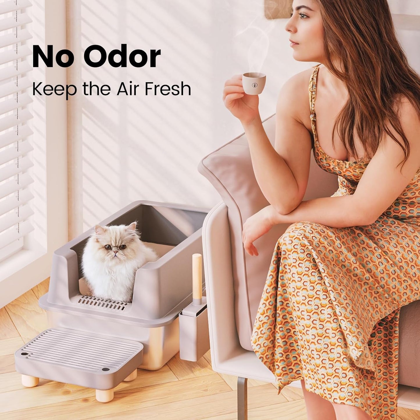 Stainless Steel Cat Litter Box with Lid - Metal Litter Box for Big Cats, High Sided Kitty Litter Box Anti-Leakage