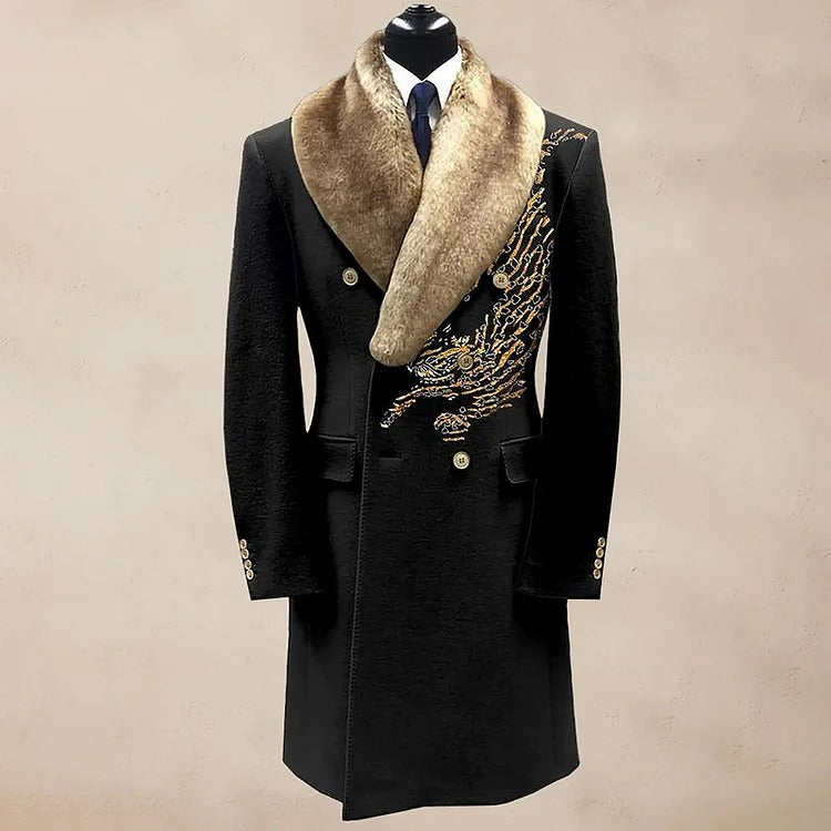 Casual Contrast Binding Button Long Sleeve Windproof Fur Collar Overcoat