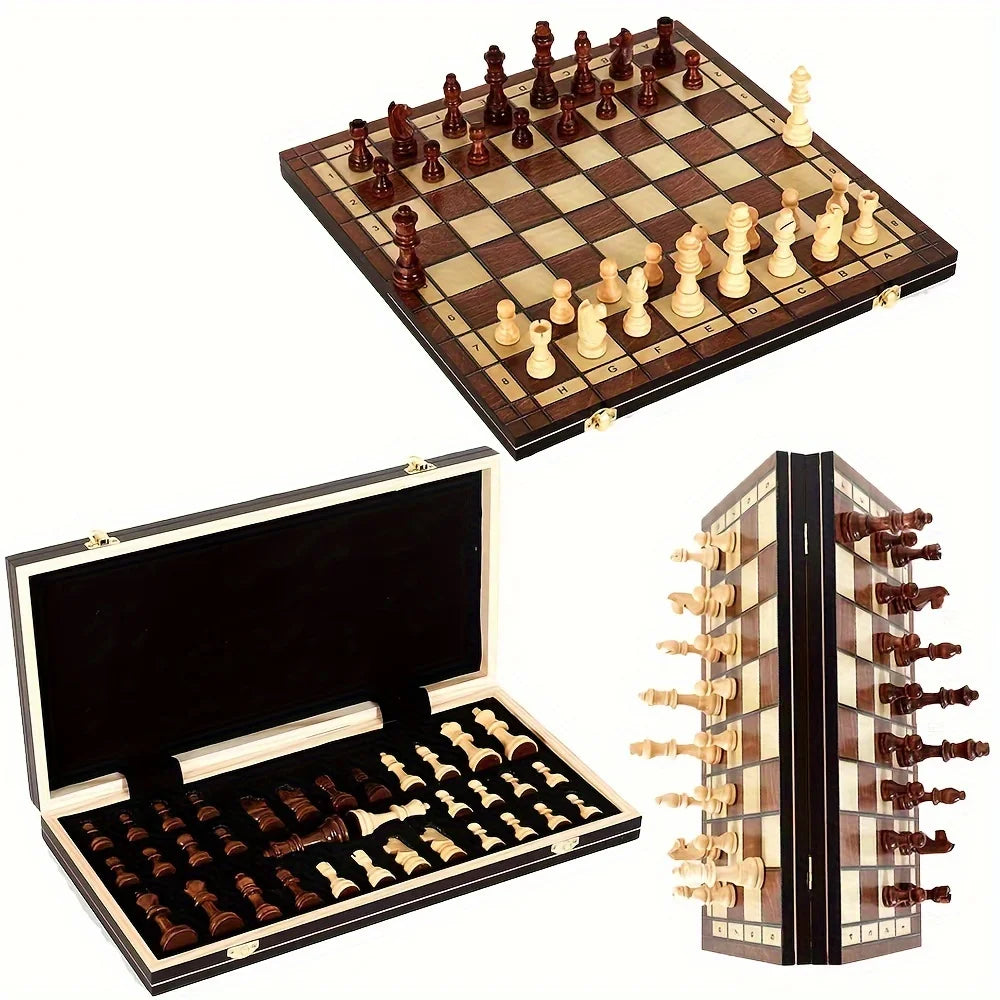 Wooden Folding Chess Set with Felt-Lined Storage