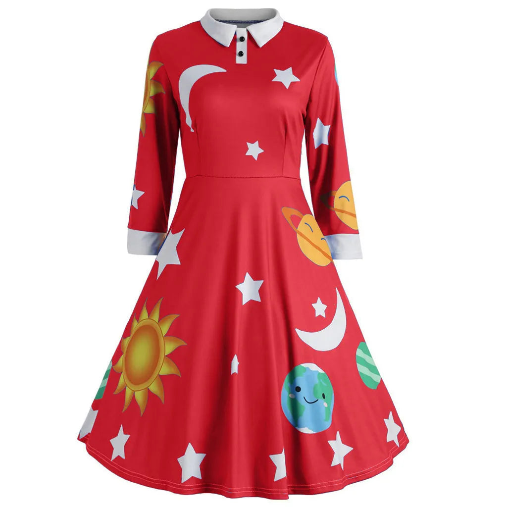Magic School Bus Cosplay Ms.frizzle Costume Solar System Long Sleeves Gown Elegant Printed Blue Green Purple Girl Dress
