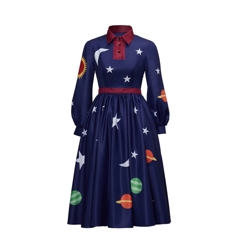 Magic School Bus Ms.Frizzle Cosplay Costumes Dark Blue Planet Printed Long Sleeves Dress Halloween Elegant Women's Outfits