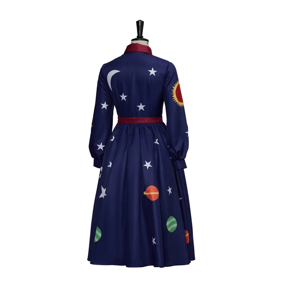 Magic School Bus Ms.Frizzle Cosplay Costumes Dark Blue Planet Printed Long Sleeves Dress Halloween Elegant Women's Outfits