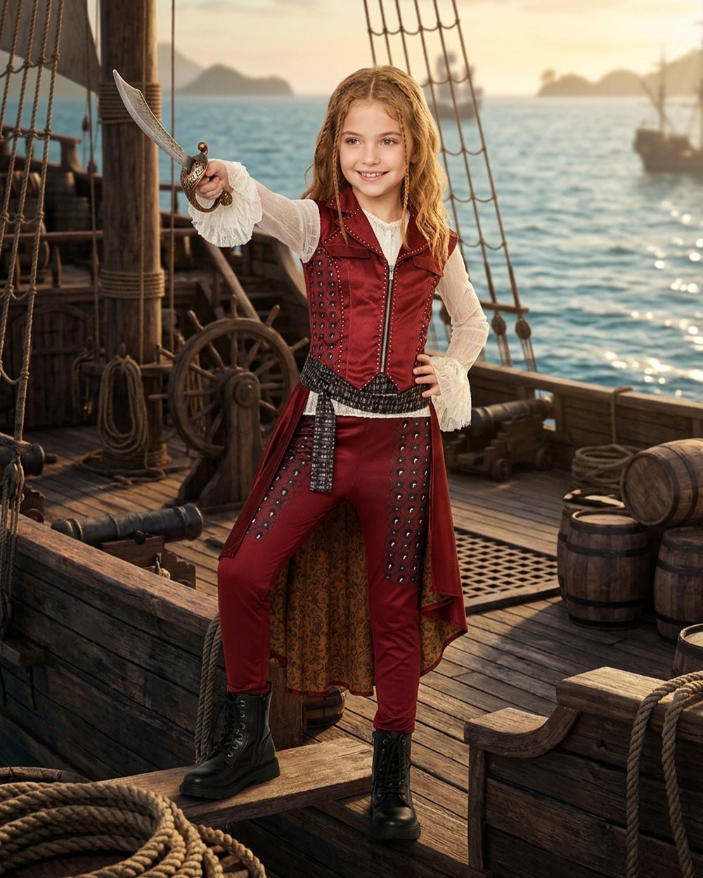Wonderland Captain's Daughter Costume Hook Pirate Princess Cape Vest Pants Shirt and Accessories for Halloween Party