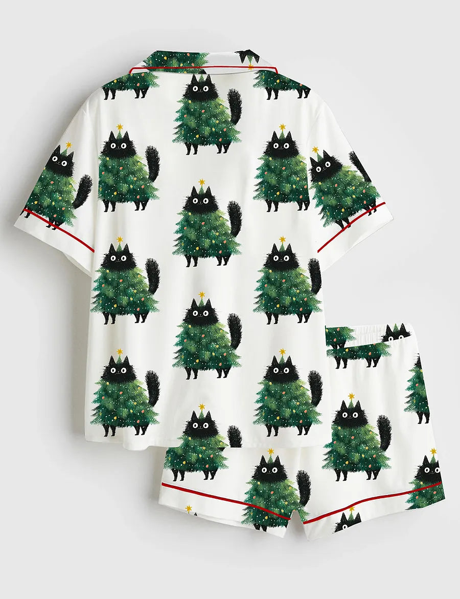 Women’s Funny Christmas Cat In Tree Costume Cute Holiday Short Sleeve Satin Pajama Set