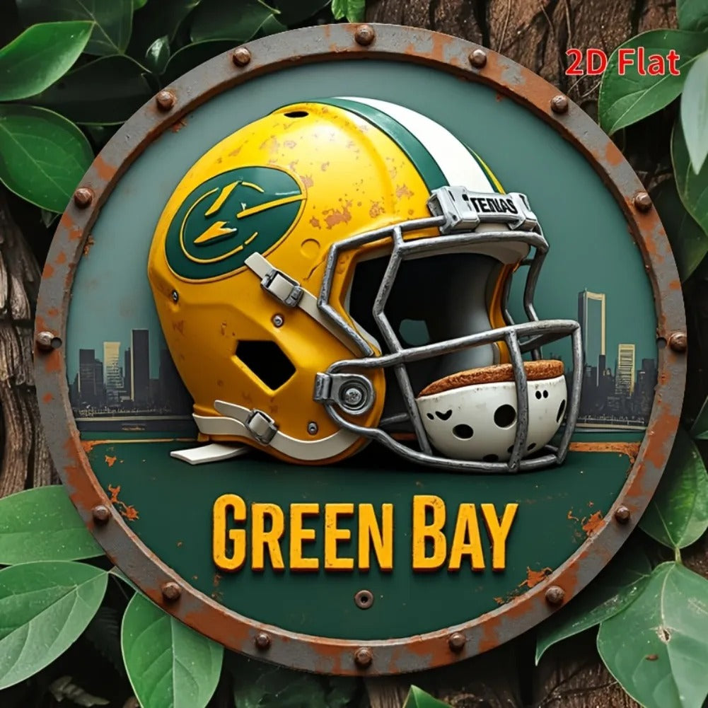 2D Flat Vintage Green Bay Football Helmet Wall Sign – 8×8 Inch Round Aluminum Display