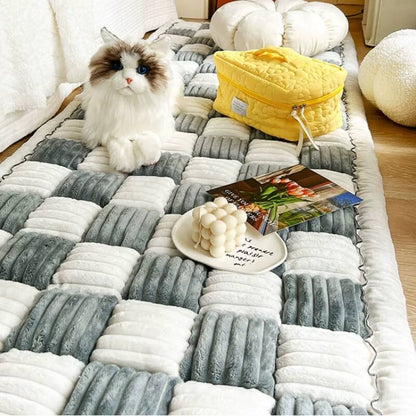 Cream-colored Large Plaid Square Fuzzy Pet Dog Mat Bed Couch Cover