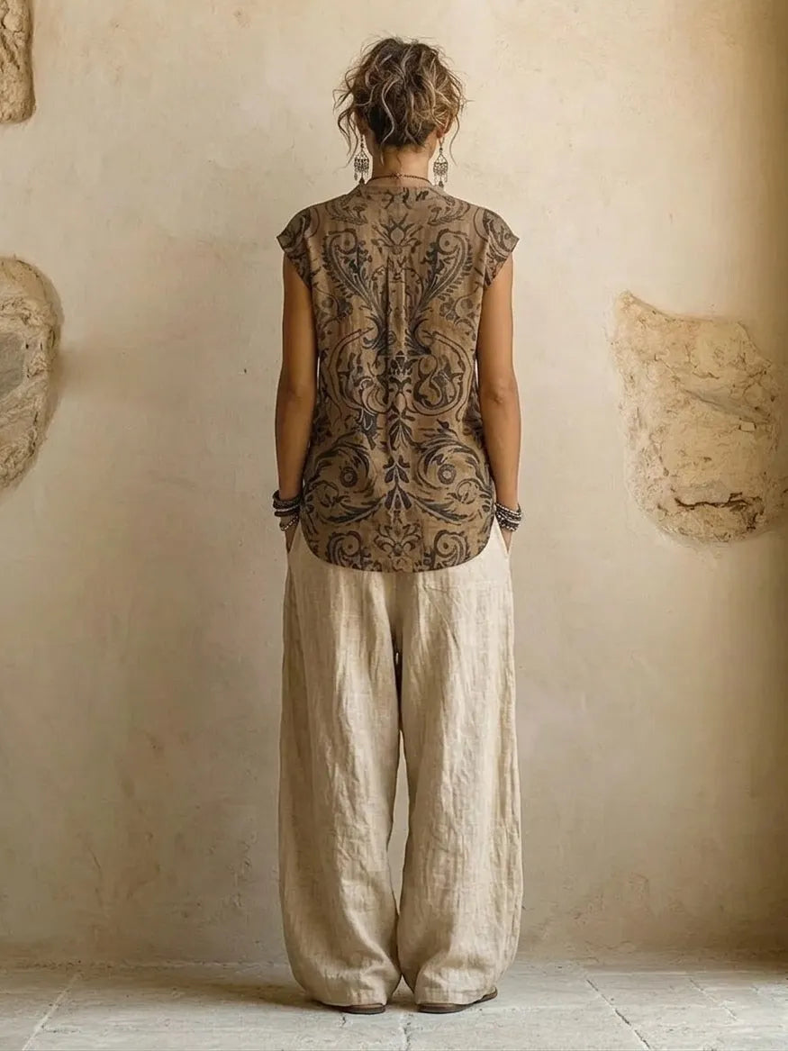 Casual Bohemian Linen And Cotton Long Cardigan And Sleeveless Top And Pants Three-piece Set