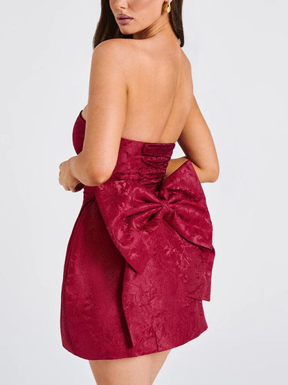 Jacquard Strapless Knot A-line Mini Dress