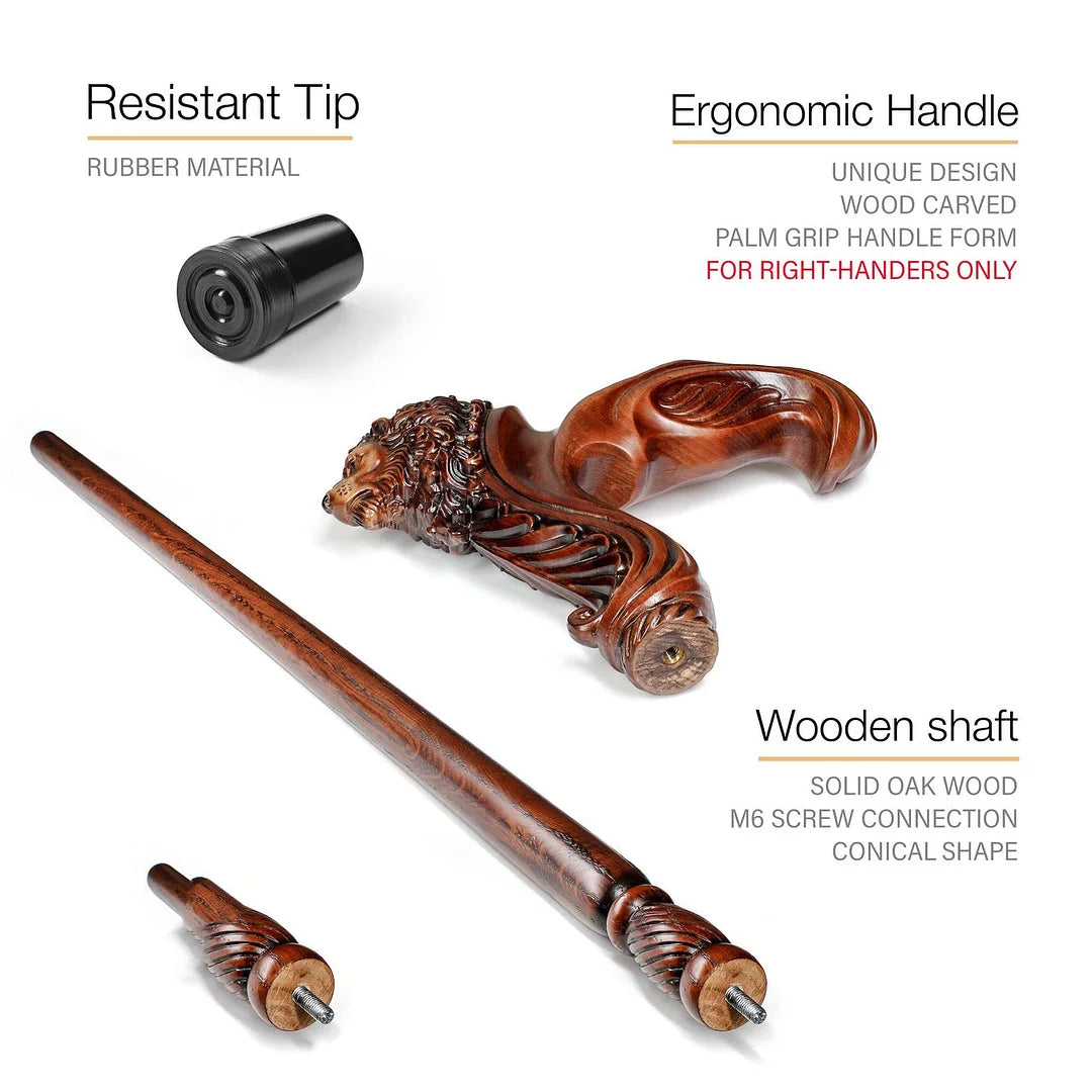 Wooden Walking Stick Cane Lion Head – Palm Grip Ergonomic Handle