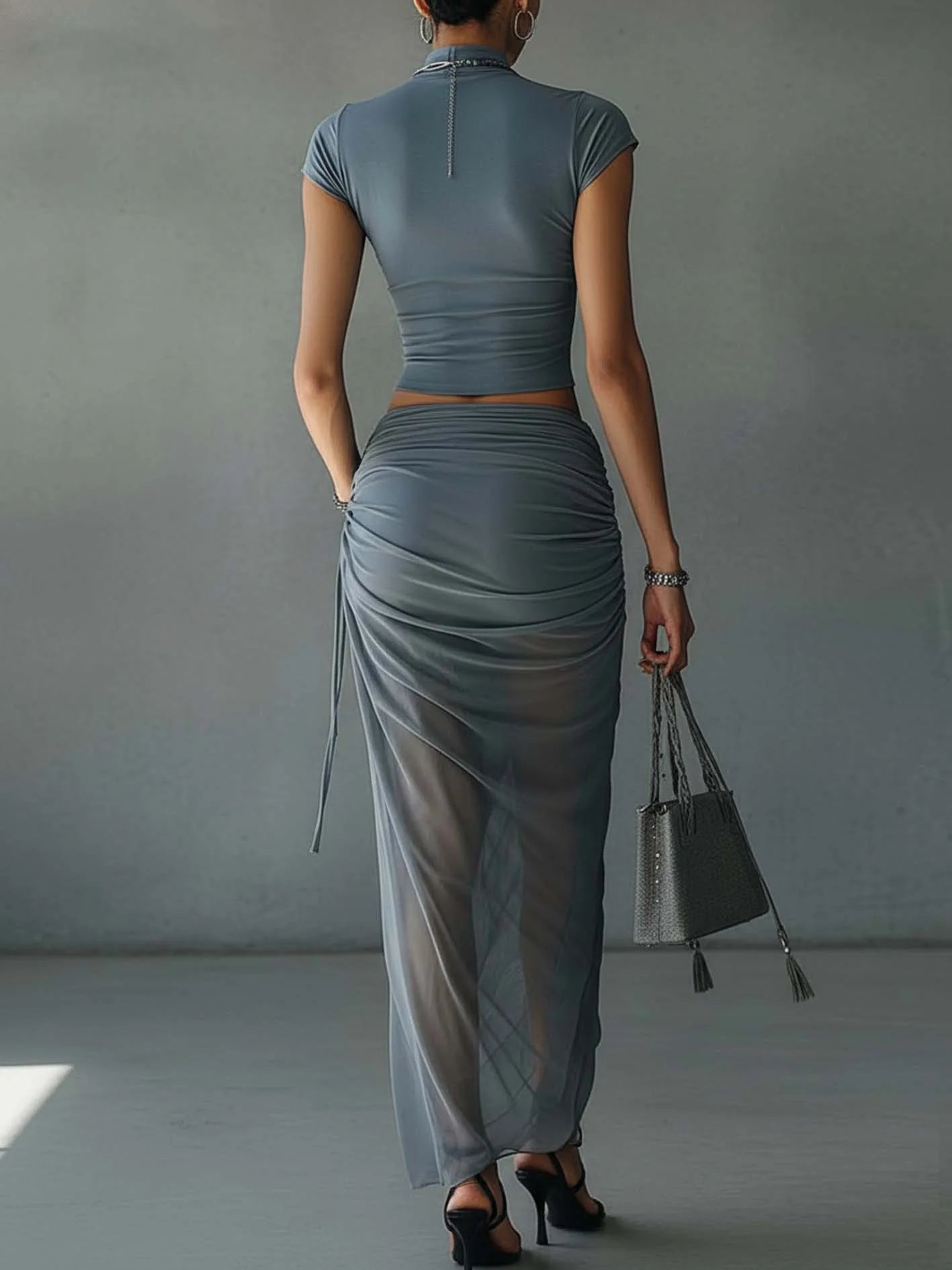 Mirae | Cropped Top & Draped Mesh Skirt Set
