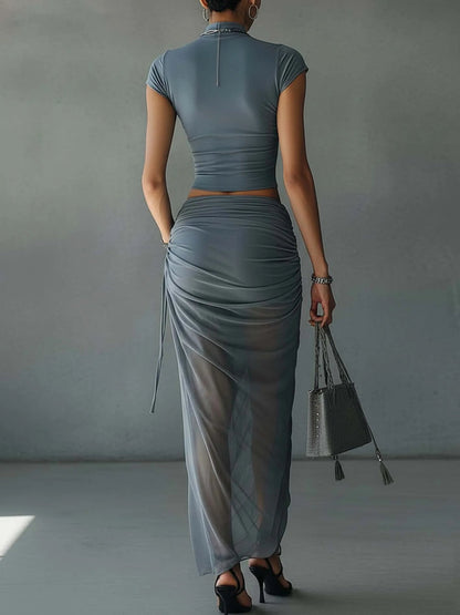 Mirae | Cropped Top & Draped Mesh Skirt Set
