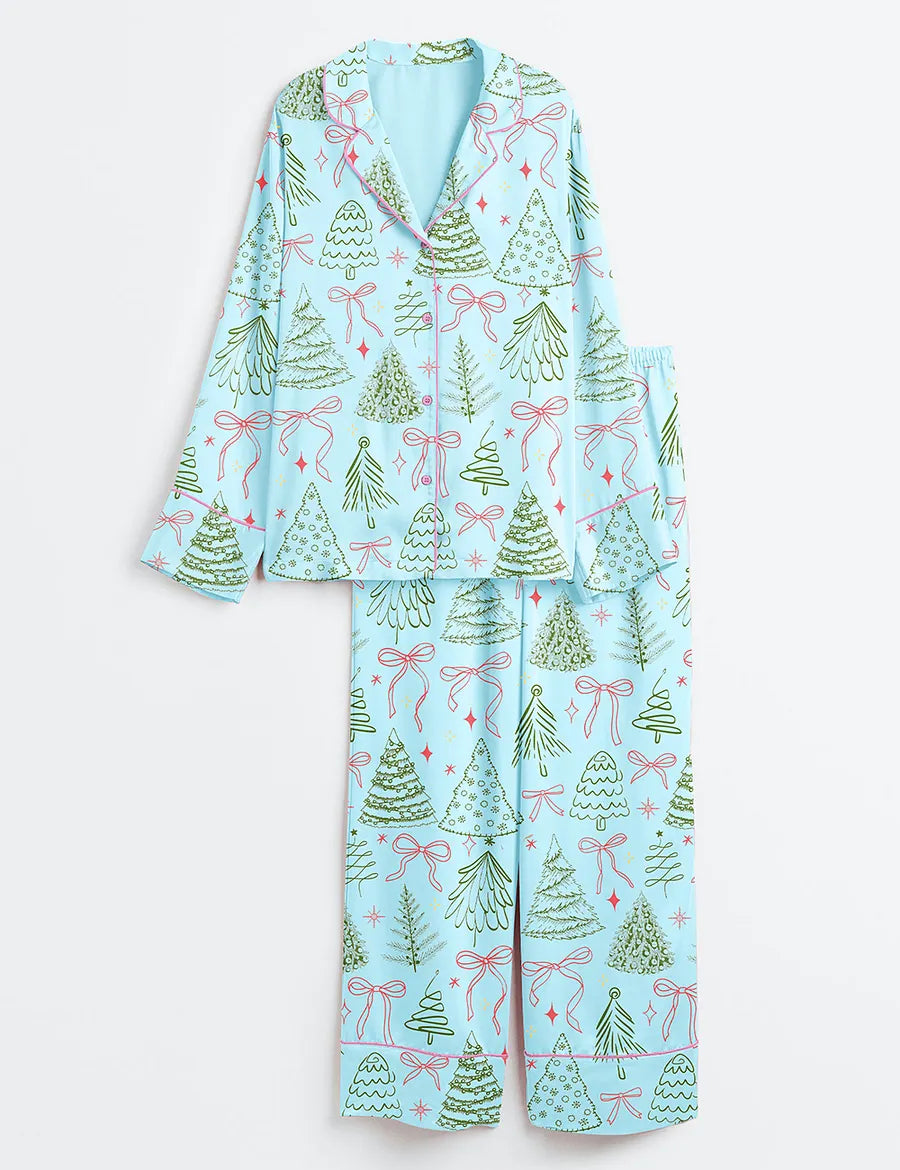 Women’s Preppy Christmas Tree Vintage Coquette Bow Long Sleeve Satin Pajama Set