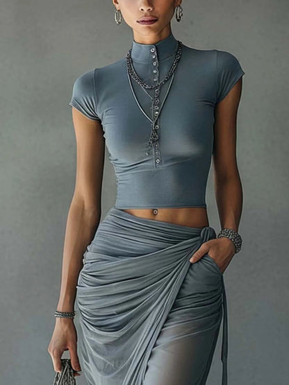 Mirae | Cropped Top & Draped Mesh Skirt Set
