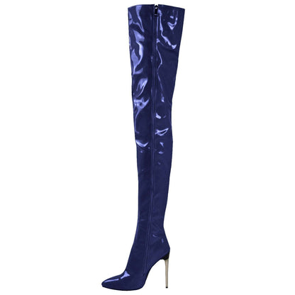 Women Pointed Toe Patent Leather Side Zipper Stiletto High Heel Over The Knee Boots