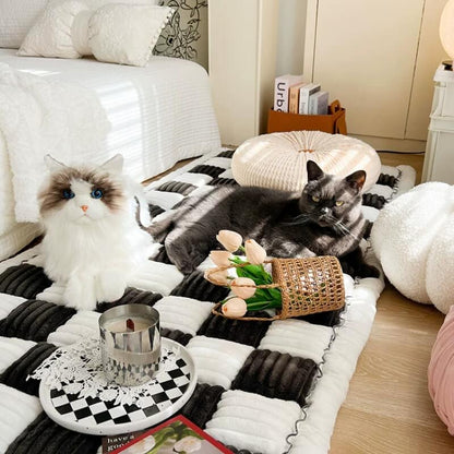 Cream-colored Large Plaid Square Fuzzy Pet Dog Mat Bed Couch Cover