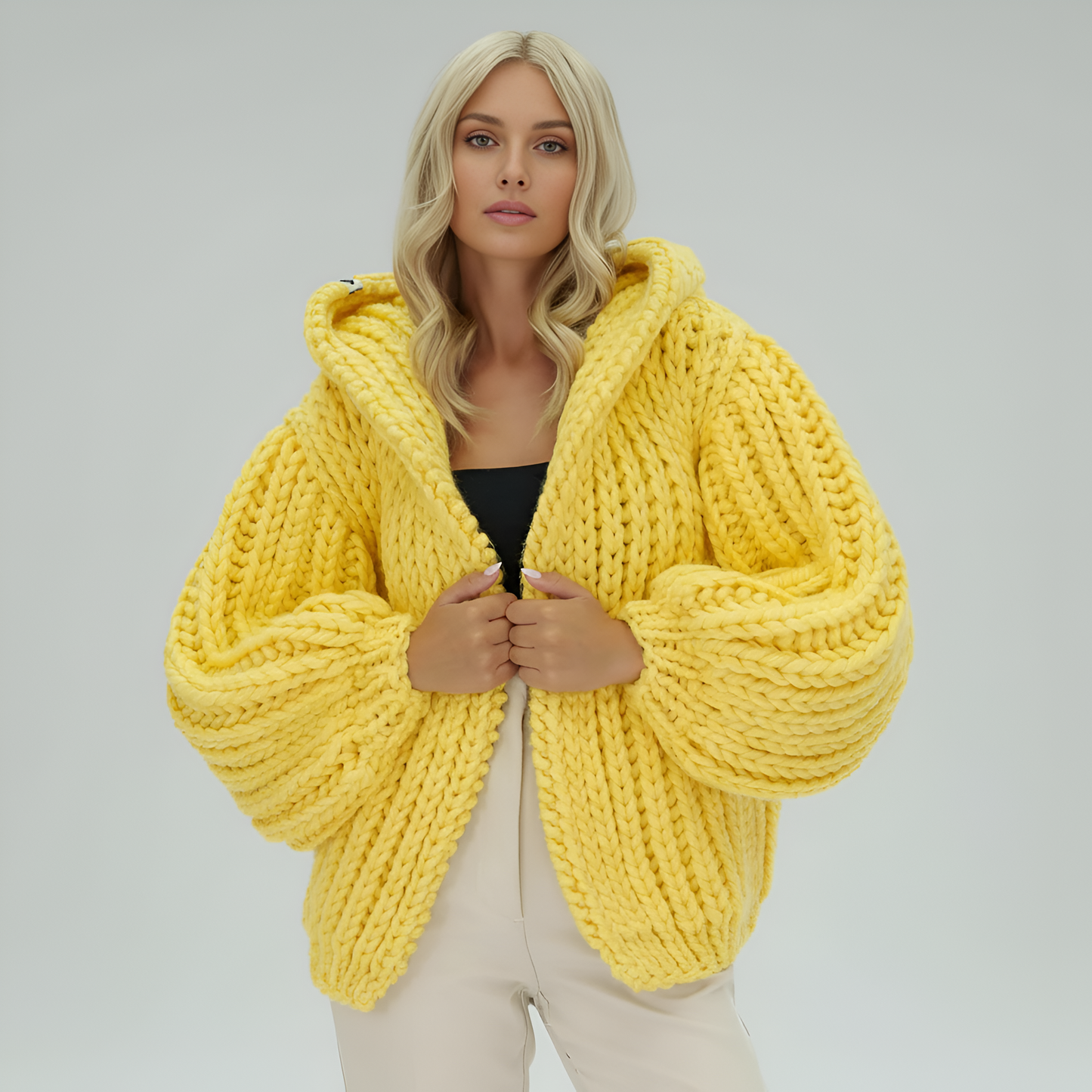Oversized Cable Knit Hooded Open Front Cardigan For Women
