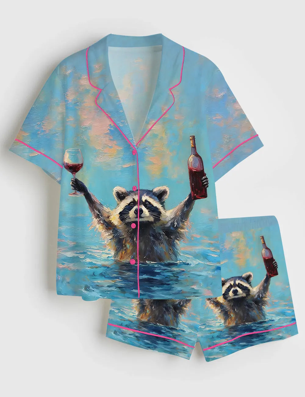 Women’s Raccoon Drinking Red Wine Short Sleeve Silky Satin Pajama Set