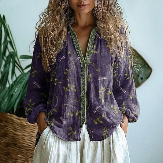 Women's Vintage Leaf and Dragonfly Print Blouse