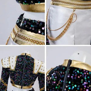 Pop Star Golden Performance Costume Black/White/Gold Stage Dance Outfit Halloween Cosplay
