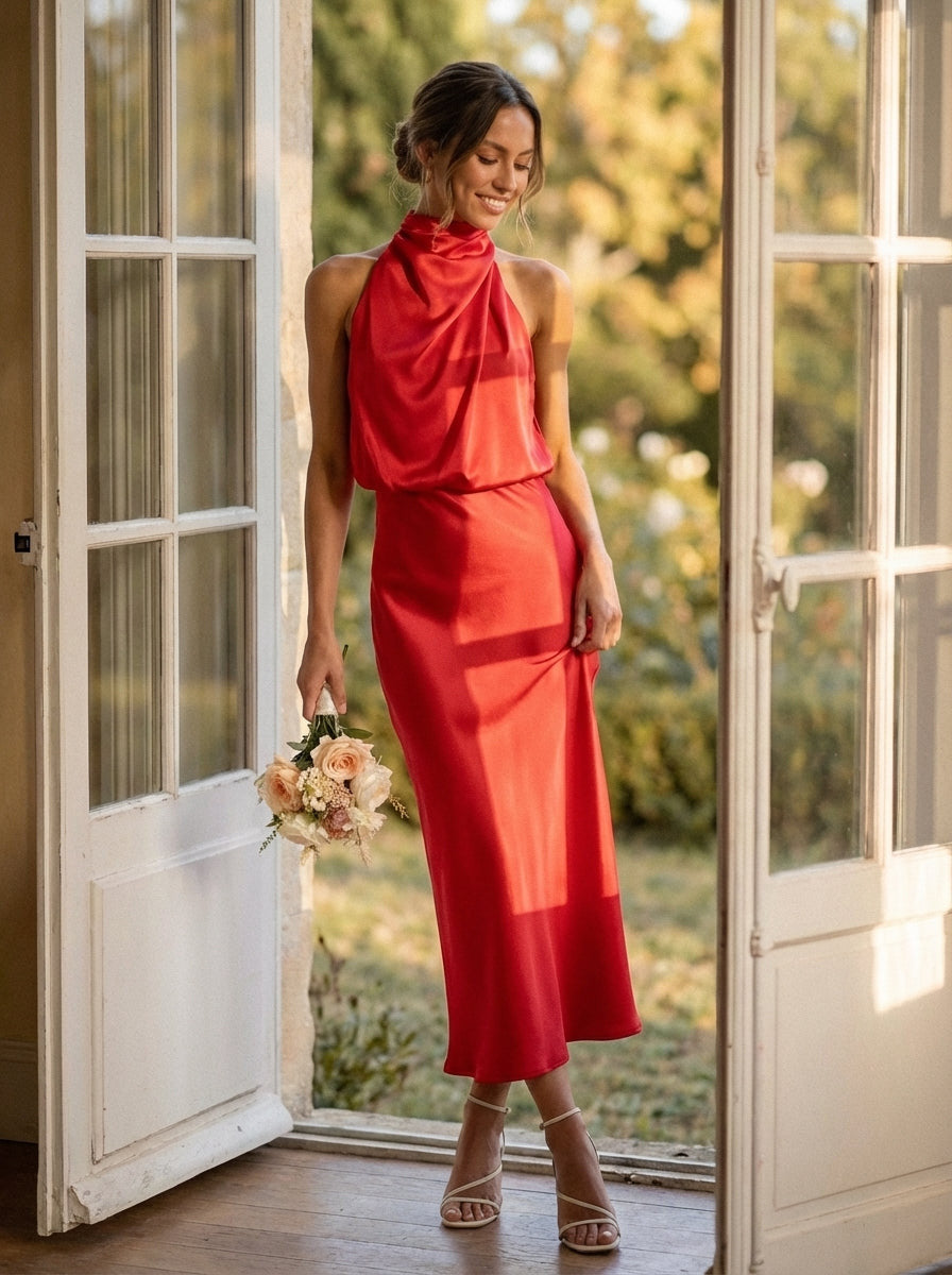 Camille | Elegant Satin Cowl Midi Dress