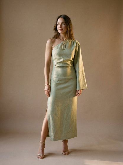 Ophelia | Draped One-Shoulder Linen Maxi Dress
