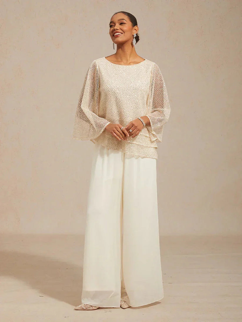 Women's Chiffon Overlay Straight Leg Pants | Elegant High-Stretch Evening Trousers