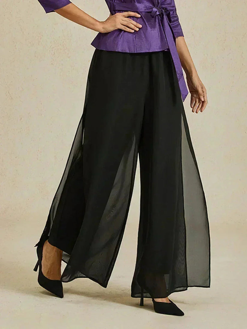 Women's Chiffon Overlay Straight Leg Pants | Elegant High-Stretch Evening Trousers