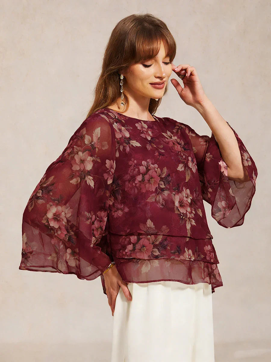 Women's Floral Lace Chiffon Blouse | Elegant Layered Top with 3/4 Bell Sleeves