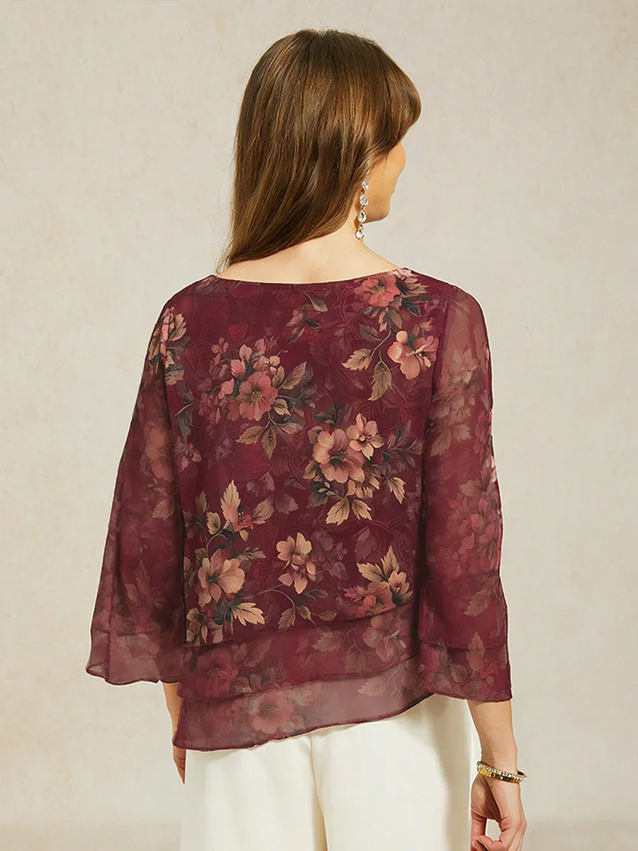Women's Floral Lace Chiffon Blouse | Elegant Layered Top with 3/4 Bell Sleeves