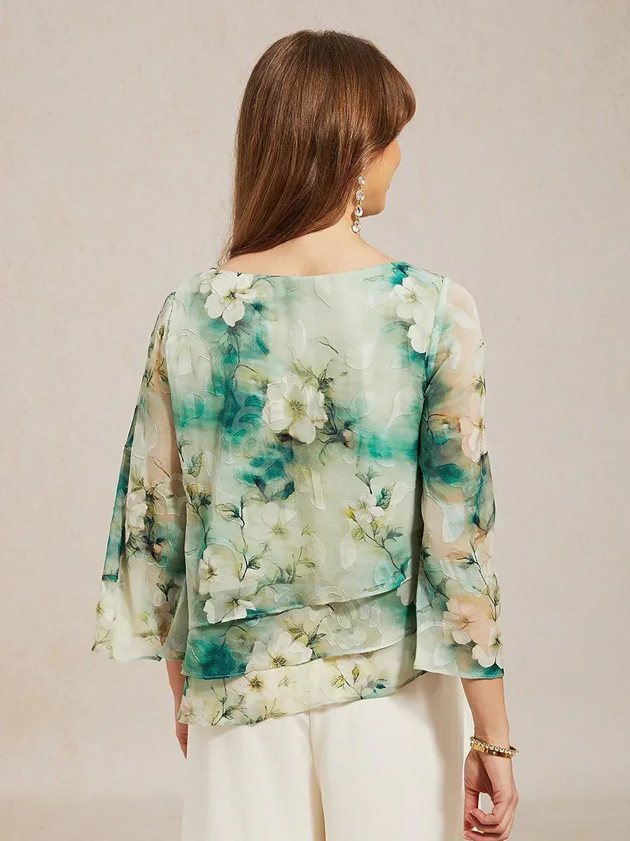 Women's Floral Lace Chiffon Blouse | Elegant Layered Top with 3/4 Bell Sleeves