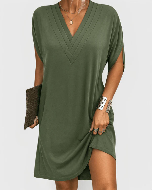 Women's Soft Fabric V-Neck Dress | Elegant Short Sleeve Summer Dress with Side Slit