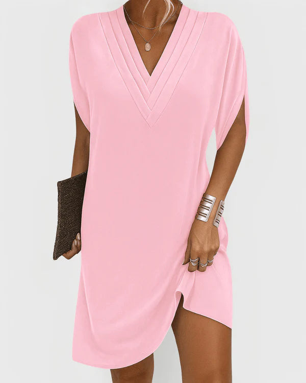Women's Soft Fabric V-Neck Dress | Elegant Short Sleeve Summer Dress with Side Slit