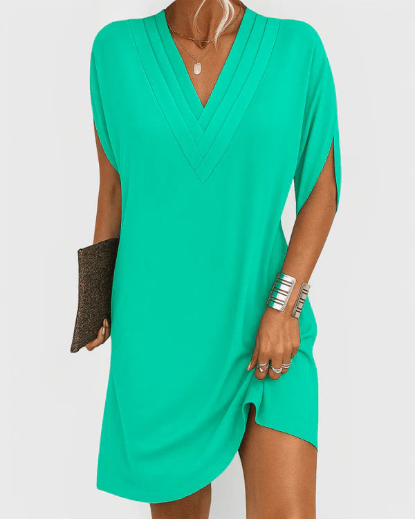 Women's Soft Fabric V-Neck Dress | Elegant Short Sleeve Summer Dress with Side Slit