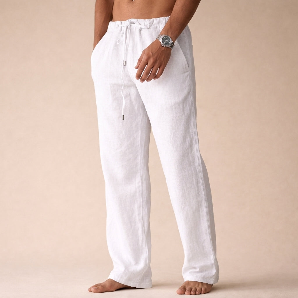 Atlas tailored linen trousers, full-length view