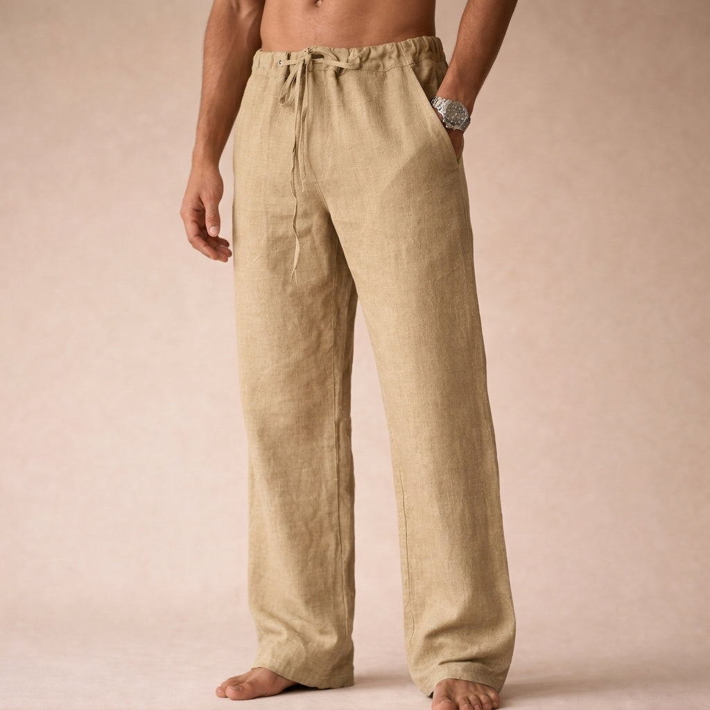 Atlas linen trousers styled for warm weather