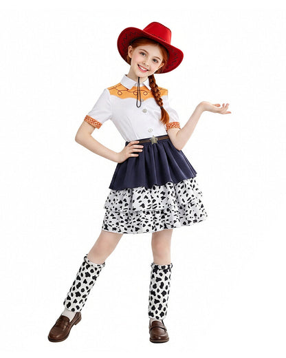 Kids Adults Cowgirl Jessie Costume White Western Toy Girl Dress with Hat Belt and Leg Warmers for Cosplay Event