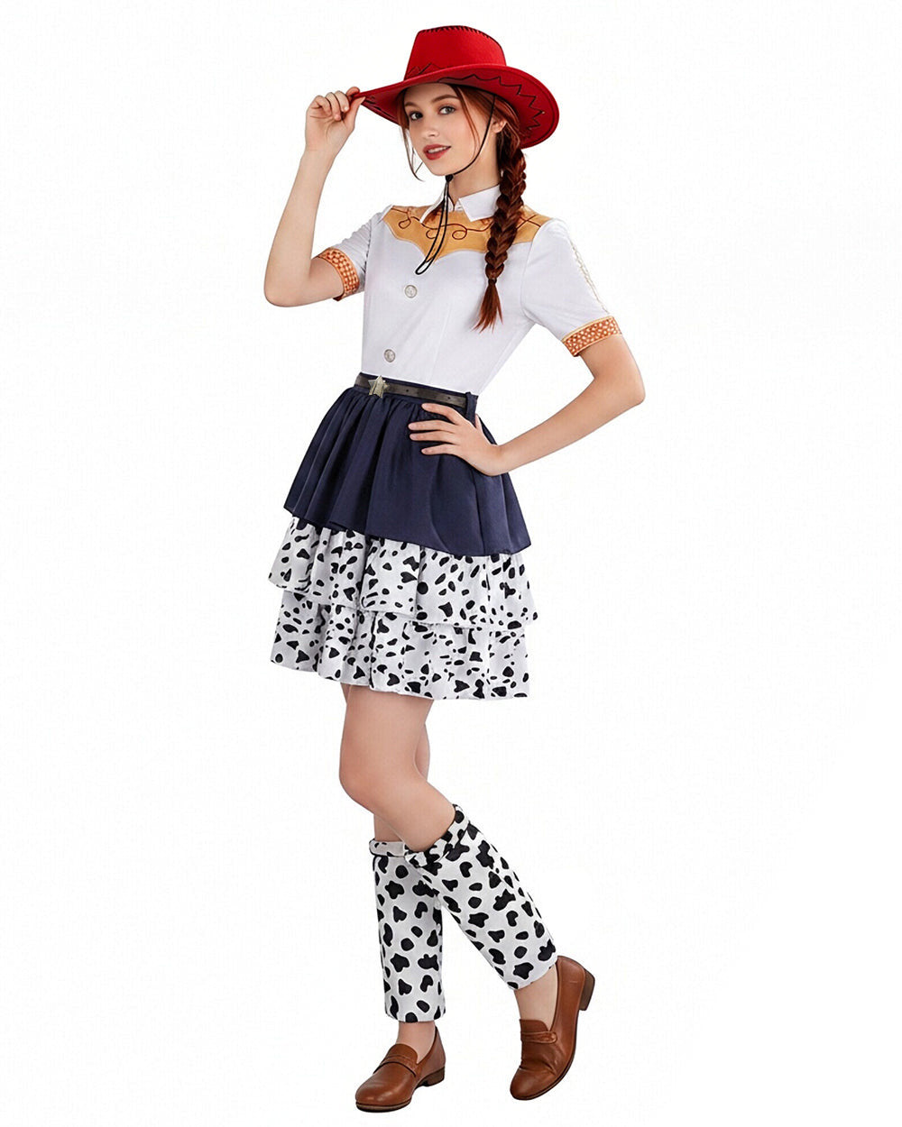 Kids Adults Cowgirl Jessie Costume White Western Toy Girl Dress with Hat Belt and Leg Warmers for Cosplay Event