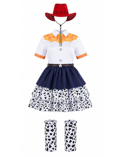 Kids Adults Cowgirl Jessie Costume White Western Toy Girl Dress with Hat Belt and Leg Warmers for Cosplay Event