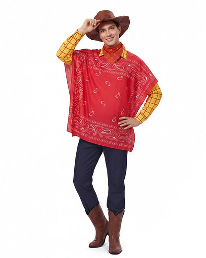 Boys Mens Western Sheriff Woody Costume Wanderer Cowboy Yellow Checkered Shirt Set with Hat for Cosplay