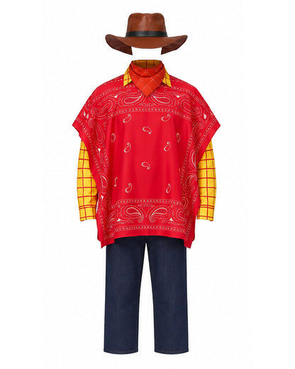 Boys Mens Western Sheriff Woody Costume Wanderer Cowboy Yellow Checkered Shirt Set with Hat for Cosplay