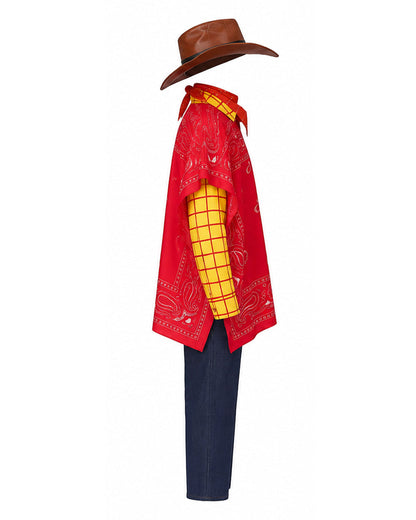Boys Mens Western Sheriff Woody Costume Wanderer Cowboy Yellow Checkered Shirt Set with Hat for Cosplay
