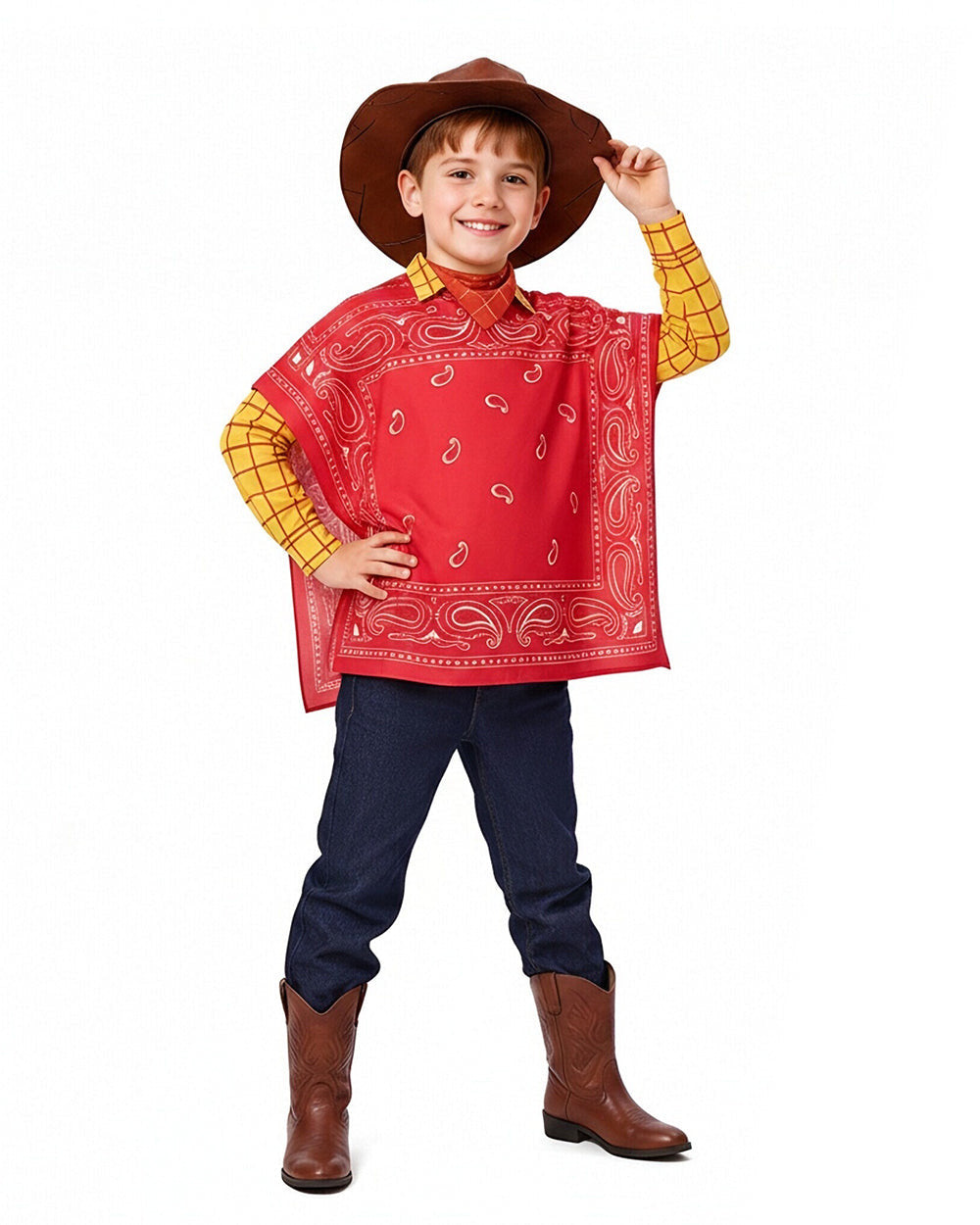 Boys Mens Western Sheriff Woody Costume Wanderer Cowboy Yellow Checkered Shirt Set with Hat for Cosplay