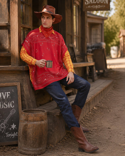 Boys Mens Western Sheriff Woody Costume Wanderer Cowboy Yellow Checkered Shirt Set with Hat for Cosplay