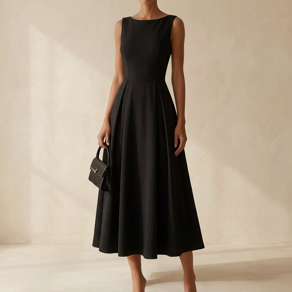 Adriella | Women's Sleeveless Crew Neck Fitted Bodice Midi Dress