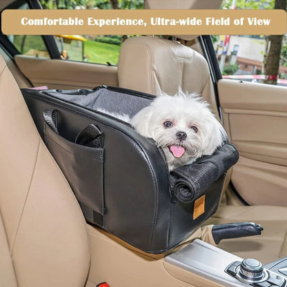 Canine Car Seat - Small Dog Booster Seat with Detachable Cushion, Safety Hook for Armrest Console Installation, and Breathable Design.