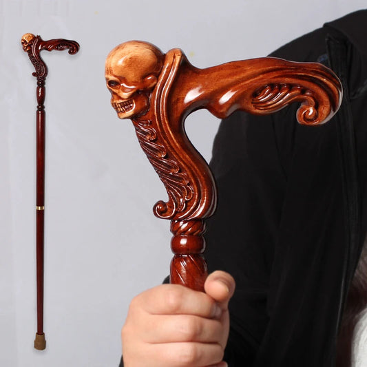 Skull Cane Wooden Walking Stick - Ergonomic Palm Grip Handle