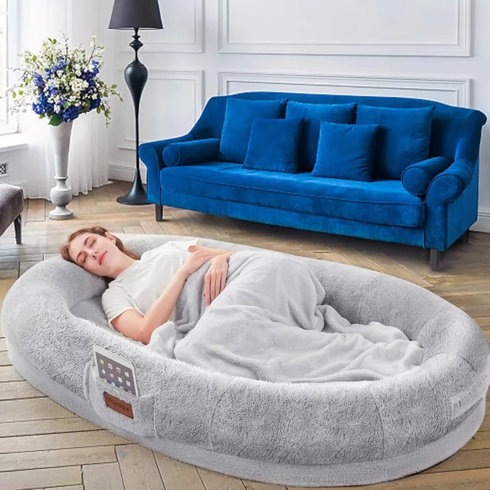 Adults' Oval Nap Bed with Blanket - Giant Bean Bag Dog Bed for People, Washable Faux Fur, 72